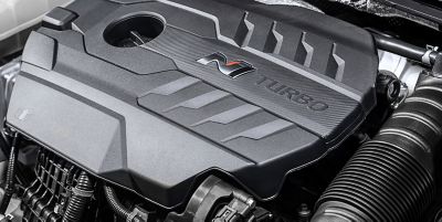 Detail of the turbocharged engine inside the new Hyundai i30 N performance hatchback.